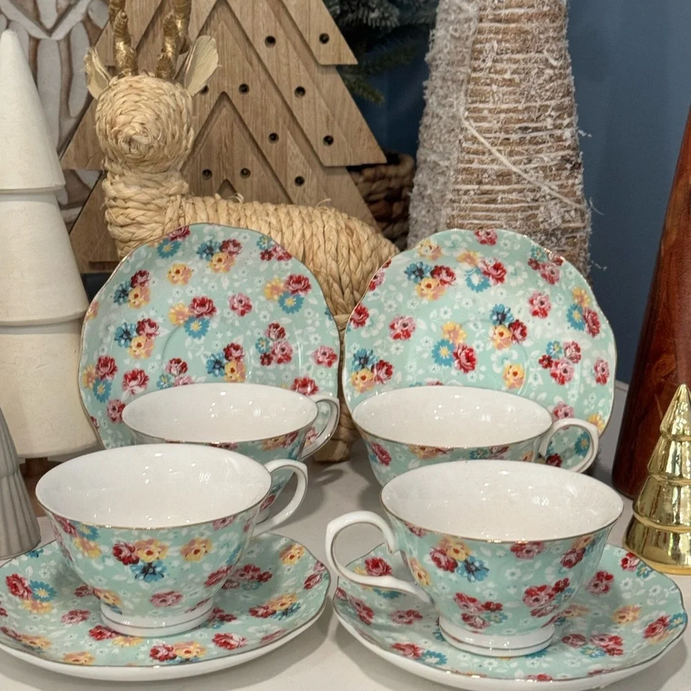 Grace Floral China Teacup and Saucer Set - Blue and Multicolor (4)